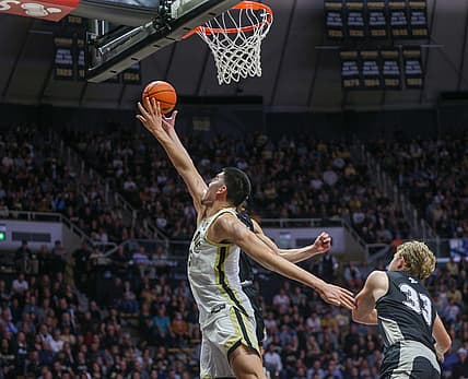 Purdue Boilermakers Zach Edey (15) blocks a shot during the NCAA men   s basketball exhibition game against the Truman State Bulldogs, Wednesday, Nov. 2, 2022, at Mackey Arena in West Lafayette, Ind.

Nf2 7690 2