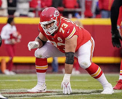 Nov 27, 2022; Kansas City, Missouri, USA; Kansas City Chiefs guard Nick Allegretti (73) at the line of scrimmage against the Los Angeles Rams during the game at GEHA Field at Arrowhead Stadium. Mandatory Credit: Denny Medley-USA TODAY Sports