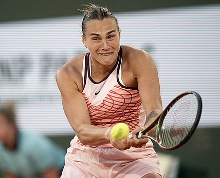Jun 4, 2023; Paris,France; Aryna Sabalenka returns a shot during her match against Sloane Stephens (USA) on day eight at Stade Roland-Garros. Mandatory Credit: Susan Mullane-USA TODAY Sports