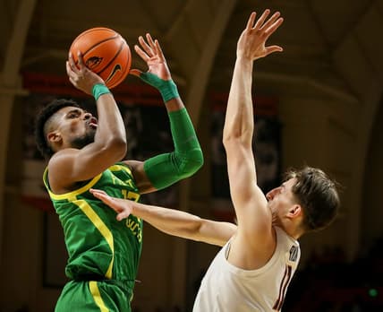 Oregon forward Quincy Guerrier puts up a shot as the Oregon Ducks take on the Oregon State Beavers at Gill Coliseum Saturday, Feb. 25, 2023, in Corvallis, Ore.

Ncaa Basketball Oregon At Oregon State Mbb Oregon At Oregon State