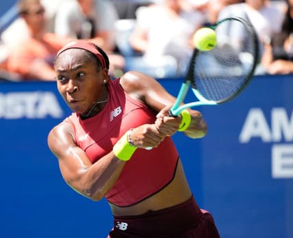 Aug 30, 2023; Flushing, NY, USA; Coco Gauff of the USA hits to Mirra Andreeva on day three of the 2023 U.S. Open tennis tournament at USTA Billie Jean King National Tennis Center. Mandatory Credit: Robert Deutsch-USA TODAY Sports