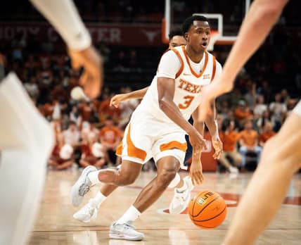 Texas guard Max Abmas (3) brings the ball down the court in the second half of Longhorns' game against the Rice Owls at the Moody Center in Austin, Wednesday, Nov. 15, 2023. Texas won the game 80-64.