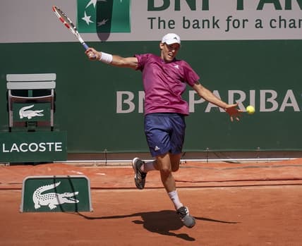 May 30, 2021; Paris, France; Dominic Thiem (AUT) in action during his match against Pablo Andujar (ESP) at Roland Garros Stadium. Mandatory Credit: Susan Mullane-USA TODAY Sports
