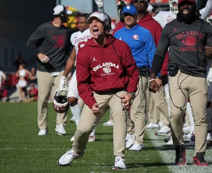 Oct. 29, 2022; Ames, Iowa, USA;  Oklahoma head football coach Brent Venables reacts after his defense stopped an Iowa State drive in the fourth quarter at Jack Trice Stadium. Mandatory Credit: Bryon Houlgrave/Des Moines Register-USA TODAY Sports