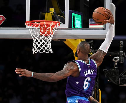 Dec 31, 2021; Los Angeles, California, USA; Los Angeles Lakers forward LeBron James (6) goes up for a dunk in the first quarter against the Portland Trail Blazers at Crypto.com Arena. Mandatory Credit: Jayne Kamin-Oncea-USA TODAY Sports