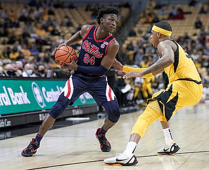 Feb 12, 2022; Columbia, Missouri, USA; Mississippi Rebels guard Jarkel Joiner (24) dribbles the ball as Missouri Tigers guard Jarron Coleman (5) defends during the game at Mizzou Arena. Mandatory Credit: Denny Medley-USA TODAY Sports