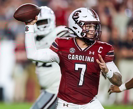 Sep 23, 2023; Columbia, South Carolina, USA; South Carolina Gamecocks quarterback Spencer Rattler (7) passes against the Mississippi State Bulldogs in the second quarter at Williams-Brice Stadium. Mandatory Credit: Jeff Blake-USA TODAY Sports