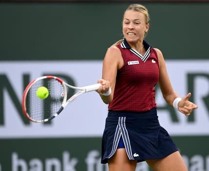 Oct 14, 2021; Indian Wells, CA, USA; Anett Kontaveit (EST) hits a shot against Ons Jabeur (TUN) in their quarterfinal match during the BNP Paribas Open at the Indian Wells Tennis Garden. Mandatory Credit: Jayne Kamin-Oncea-USA TODAY Sports