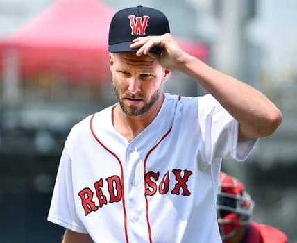 Boston Red Sox ace Chris Sale adjusts his cap after pitching a simulated inning at Polar Park.