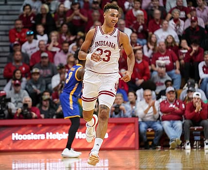 Nov 7, 2022; Bloomington, Indiana, USA;  Indiana Hoosiers forward Trayce Jackson-Davis (23) smiles during the second half at Simon Skjodt Assembly Hall. Mandatory Credit: Robert Goddin-USA TODAY Sports