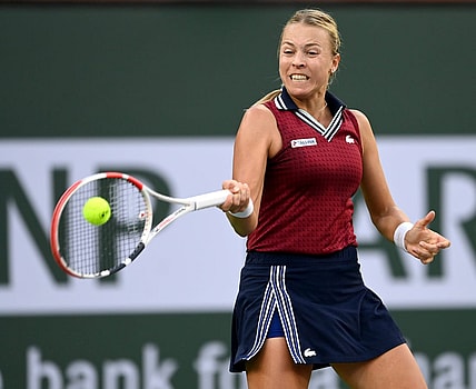 Oct 14, 2021; Indian Wells, CA, USA; Anett Kontaveit (EST) hits a shot against Ons Jabeur (TUN) in their quarterfinal match during the BNP Paribas Open at the Indian Wells Tennis Garden. Mandatory Credit: Jayne Kamin-Oncea-USA TODAY Sports