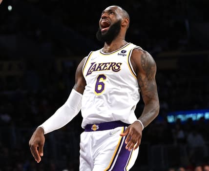 Feb 27, 2022; Los Angeles, California, USA;  Los Angeles Lakers forward LeBron James (6) reacts after missing a basket in the first half against the New Orleans Pelicans at Crypto.com Arena. Mandatory Credit: Jayne Kamin-Oncea-USA TODAY Sports