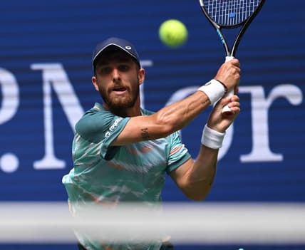 Sept 4, 2022; Flushing, NY, USA;  Corentin Moutet of France hits to Casper Ruud of Norway on day seven of the 2022 U.S. Open tennis tournament at USTA Billie Jean King National Tennis Center. Mandatory Credit: Robert Deutsch-USA TODAY Sports