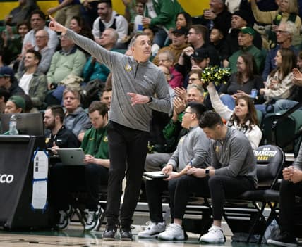 Jan 5, 2023; San Francisco, California, USA; San Francisco Dons head coach Chris Gerlufsen directs his players against the Gonzaga Bulldogs during the first half at War Memorial at the Sobrato Center. Mandatory Credit: D. Ross Cameron-USA TODAY Sports