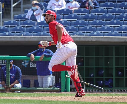 Mar 20, 2021; Clearwater, Florida, USA; Philadelphia Phillies Darick Hall (88) hit a fly ball for an out during the sixth inning against the Toronto Blue Jays at BayCare Ballpark. Mandatory Credit: Mike Watters-USA TODAY Sports