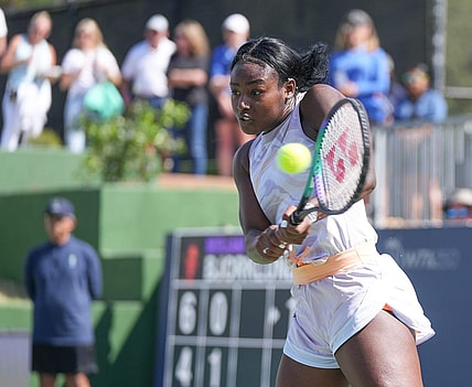 February 27, 2023; Austin, TX, USA; Alycia Parks returns a shot against Mirjam Bjorklund at the Women's Tennis Association ATX Open at Westwood Country Club in Austin, Texas, on Monday February 27, 2023.  Bjorklund won 6-4, 4-6, 6-4.  Mandatory Credit: Jay Janner-USA TODAY NETWORK