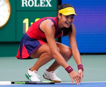 Sep 6, 2021; Flushing, NY, USA;  Emma Raducanu of the United Kingdom after beating Shelby Rogers of the USA on day eight of the 2021 U.S. Open tennis tournament at USTA Billie Jean King National Tennis Center. Mandatory Credit: Robert Deutsch-USA TODAY Sports
