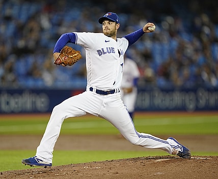 Oct 1, 2021; Toronto, Ontario, CAN; Toronto Blue Jays starting pitcher Steven Matz (22) pitches to the Baltimore Orioles during the second inning at Rogers Centre. Mandatory Credit: John E. Sokolowski-USA TODAY Sports