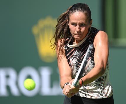 Oct 11, 2021; Indian Wells, CA, USA; Daria Kasatkina (RUS) hits a shot during her third round match against Angelique Kerber (GER) in the BNP Paribas Open  at the Indian Wells Tennis Garden. Mandatory Credit: Jayne Kamin-Oncea-USA TODAY Sports