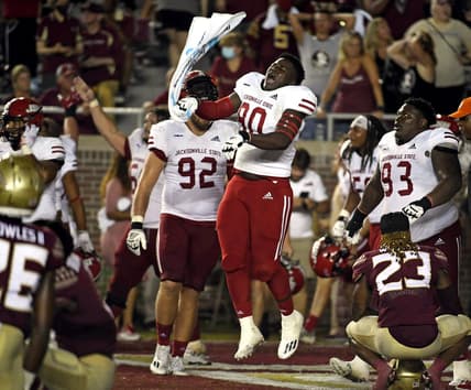 Sep 11, 2021; Tallahassee, Florida, USA; Jacksonville State Gamecocks defensive lineman Mitchell Etheridge III (90) celebrates after defeating the Florida State Seminoles at Doak S. Campbell Stadium. Mandatory Credit: Melina Myers-USA TODAY Sports