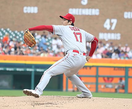 Los Angeles Angels starter Shohei Ohtani (17) pitches against the Detroit Tigers during first inning action at Comerica Park Sunday, August 21, 2022.

Tigers Ang3