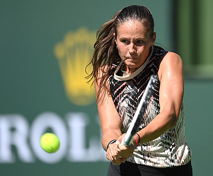 Oct 11, 2021; Indian Wells, CA, USA; Daria Kasatkina (RUS) hits a shot during her third round match against Angelique Kerber (GER) in the BNP Paribas Open  at the Indian Wells Tennis Garden. Mandatory Credit: Jayne Kamin-Oncea-USA TODAY Sports