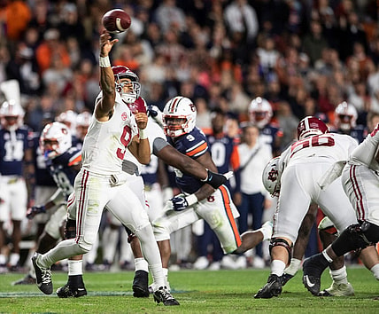 Alabama Crimson Tide quarterback Bryce Young (9) throws the ball during the Iron Bowl at Jordan-Hare Stadium in Auburn, Ala., on Saturday, Nov. 27, 2021. Alabama Crimson Tide defeated Auburn Tigers 24-22 in 4OT.