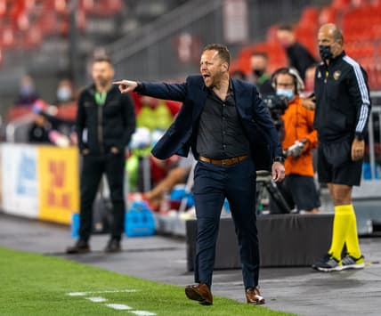 Aug 18, 2020; Toronto, Ontario, CAN; Vancouver Whitecaps head coach Marc Dos Santos yells from the sidelines against Toronto FC at BMO Field. Mandatory Credit: Kevin Sousa-USA TODAY Sports
