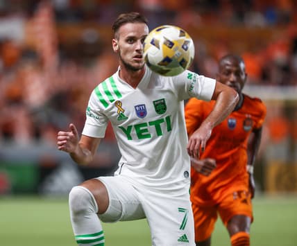 Sep 11, 2021; Houston, Texas, USA; Austin FC midfielder Tomas Pochettino (7) in action against the Houston Dynamo FC at BBVA Stadium. Mandatory Credit: Troy Taormina-USA TODAY Sports