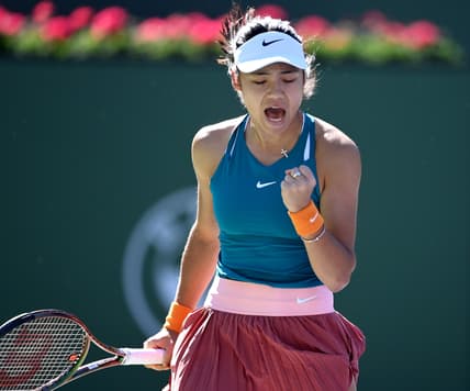 Mar 11, 2022; Indian Wells, CA, USA; Emma Raducanu (GBR) reacts after winning a point in action as she defeats Caroline Garcia (FRA) in her 2nd round match at the BNP Paribas Open at the Indian Wells Tennis Garden. Mandatory Credit: Jayne Kamin-Oncea-USA TODAY Sports