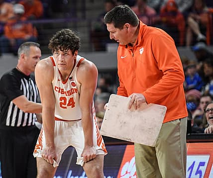 Clemson sophomore center PJ Hall(24) listens to Clemson Head Coach Brad Brownell during the second half at Littlejohn Coliseum Thursday, February 10, 2022.

Ncaa Basketball Duke At Clemson