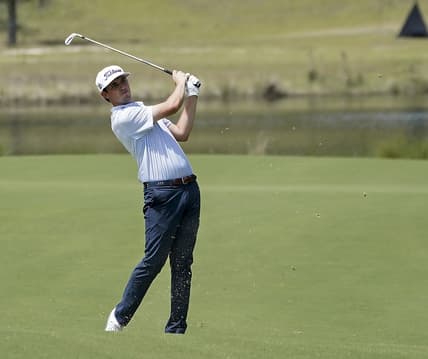 Jun 10, 2021; Ridgeland, South Carolina, USA; J.T. Poston hits on the sixth fairway during the first round of the Palmetto Championship at Congaree golf tournament. Mandatory Credit: David Yeazell-USA TODAY Sports