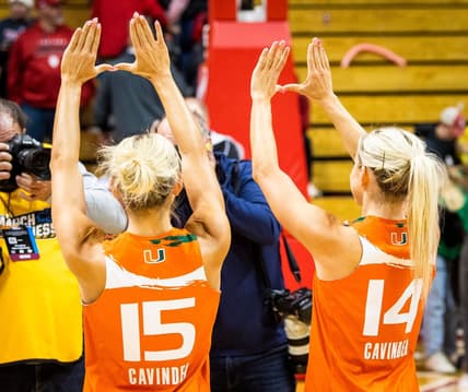 Miami (FL)'s Hanna Cavinder (15) and Haley Cavinder (14) makes the "U" sign after the second half of the NCAA Tournament Second Round game between Indiana and Miami (FL) at Simon Skjodt Assembly Hall on Monday, March 20, 2023.

Iu Um Wbb 2h Cavinder Twins Celebrate