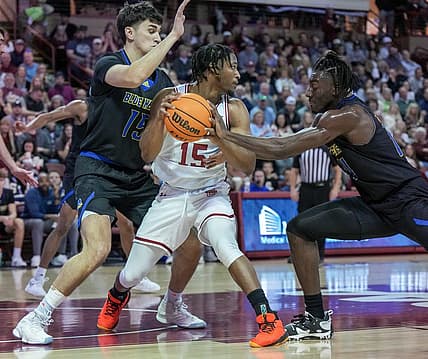 Jan 7, 2023; Charleston, South Carolina, USA; Charleston Cougars guard Pat Robinson III (15) looks for an outlet in the first half against the Delaware Fightin Blue Hens at TD Arena. Mandatory Credit: David Yeazell-USA TODAY Sports