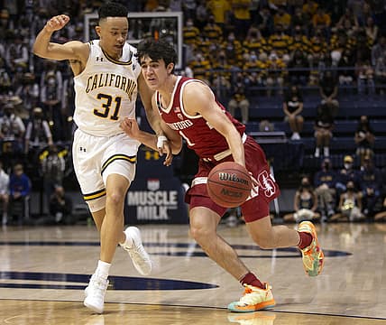 Feb 26, 2022; Berkeley, California, USA; Stanford Cardinal guard Isa Silva (1) drives around California Golden Bears guard Jordan Shepherd (31) during the first half at Haas Pavilion. Mandatory Credit: D. Ross Cameron-USA TODAY Sports