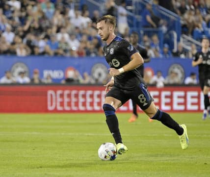 Aug 6, 2022; Montreal, Quebec, CAN; CF Montreal midfielder Djordje Mihailovic (8) plays the ball against Inter Miami CF during the first half at Stade Saputo. Mandatory Credit: Eric Bolte-USA TODAY Sports