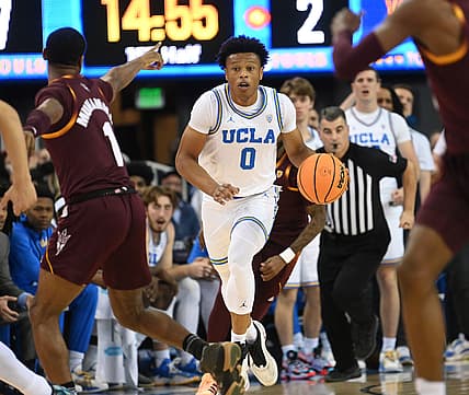 Feb 21, 2022; Los Angeles, California, USA;  UCLA Bruins guard Jaylen Clark (0) dribbles the ball down court after a rebound in the first half of the game against the Arizona State Sun Devils at Pauley Pavilion presented by Wescom. Mandatory Credit: Jayne Kamin-Oncea-USA TODAY Sports