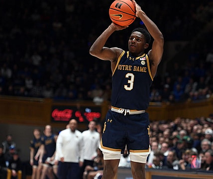 Feb 7, 2024; Durham, North Carolina, USA; Notre Dame Fighting Irish guard Markus Burton (3) shoots during the first half against the Duke Blue Devils at Cameron Indoor Stadium. Mandatory Credit: Rob Kinnan-USA TODAY Sports