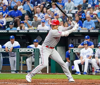 Jul 26, 2022; Kansas City, Missouri, USA; Los Angeles Angels designated hitter Shohei Ohtani (17) at bat against the Kansas City Royals during the game at Kauffman Stadium. Mandatory Credit: Denny Medley-USA TODAY Sports