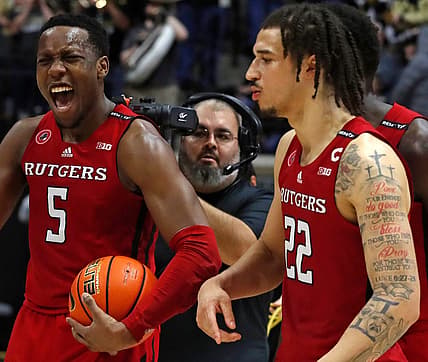Rutgers Scarlet Knights forward Aundre Hyatt (5) and Rutgers Scarlet Knights guard Caleb McConnell (22) celebrate during the NCAA men   s basketball game against the Purdue Boilermakers, Monday, Jan. 2, 2023, at Mackey Arena in West Lafayette, Ind. Rutgers Scarlet Knights won 65-64.

Purduerutgersmbb010223 Am02694