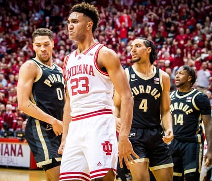 Indiana's Trayce Jackson-Davis (23) stares at the Purdue bench after a dunk during the first half of the Indiana versus Purdue men's basketball game at Simon Skjodt Assembly Hall on Saturday, Feb. 4, 2023.

Iu Pu Mbb 1h Tjd Stare