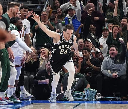 Bucks guard Pat Connaughton reacts after hitting a three-pointer in the first half on Wednesday.

Mjs Bucks19 11 Jpg Bucks19