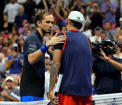 Sept 4, 2022; Flushing, NY, USA;  Daniil Medvedev after losing  Nick Kyrgios of Australia on day seven of the 2022 U.S. Open tennis tournament at USTA Billie Jean King National Tennis Center. Mandatory Credit: Robert Deutsch-USA TODAY Sports