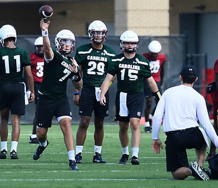 The USC football team held their first preseason football practice at the USC practice fields on Aug. 5, 2022. The team's head coach is Shane Beamer.  Spencer Rattler (7) on the field goes through passing drills.

Spa Usc First 2022 Football Practice33