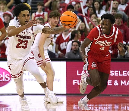 Wisconsin guard Chucky Hepburn (23) scores on a steal during the second half of their game Tuesday, February 13, 2024 at the Kohl Center in Madison, Wisconsin. Wisconsin beat Ohio State 62-54.
