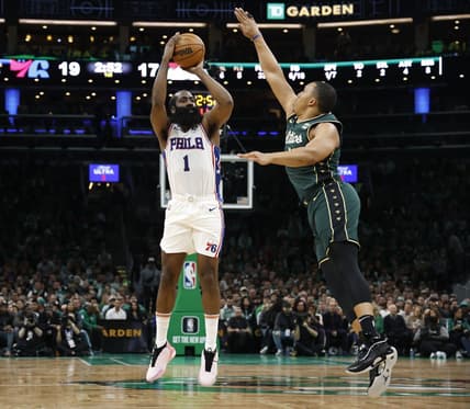 Oct 18, 2022; Boston, Massachusetts, USA; Philadelphia 76ers guard James Harden (1) shoots against Boston Celtics forward Grant Williams (12) during the first quarter at TD Garden. Mandatory Credit: Winslow Townson-USA TODAY Sports