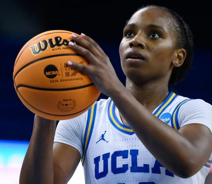 Mar 20, 2023; Los Angeles, CA, USA; UCLA Bruins guard Charisma Osborne (20) shoots a free throw in the closing minute of an NCAA Tournament Women   s 2nd Round game against the Oklahoma Sooners at Pauley Pavilion. Mandatory Credit: Robert Hanashiro-USA TODAY Sports