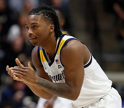 Marquette Golden Eagles forward David Joplin (23) celebrates during the NCAA men   s basketball game against the Purdue Boilermakers, Tuesday, Nov. 15, 2022, at Mackey Arena in West Lafayette, Ind. Purdue won 75-70.

Purduemarquettembb111522 Am34158
