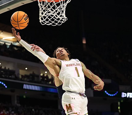 Mar 16, 2023; Birmingham, AL, USA; Maryland Terrapins guard Jahmir Young (1) reaches back for a rebound against the West Virginia Mountaineers during the first half in the first round of the 2023 NCAA Tournament at Legacy Arena. Mandatory Credit: Vasha Hunt-USA TODAY Sports