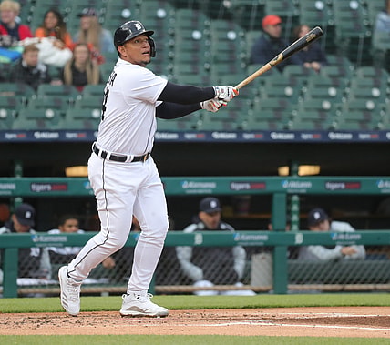Detroit Tigers first baseman Miguel Cabrera (24) singles against Minnesota Twins starting pitcher Matt Shoemaker (32) during second inning action on Friday, May 7, 2021, at Comerica Park in Detroit.

Tigers Minn1